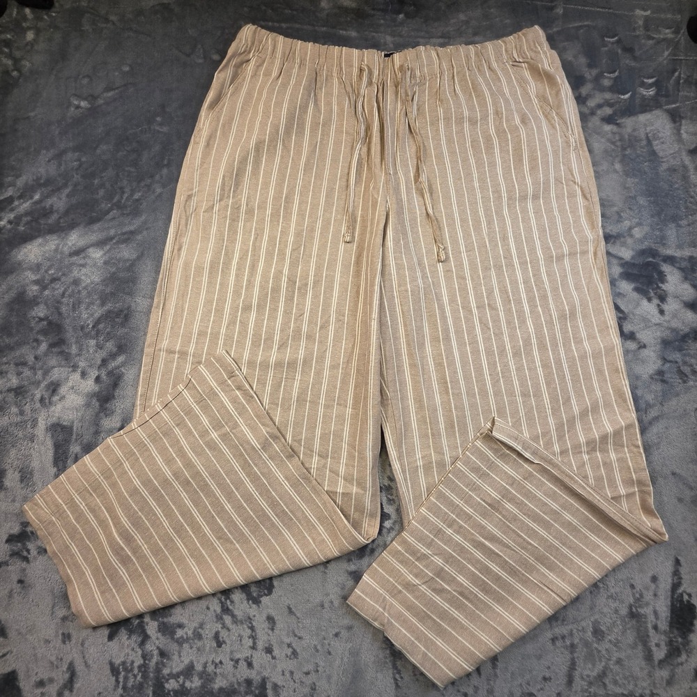 Gap Womens XL Tan White Striped Linen Blend Wide Leg Drawstring Pants Casual